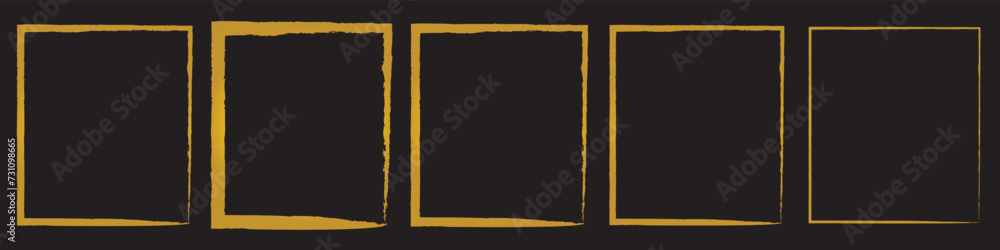 Poster grunge square and rectangle frames. ink empty golden boxes set. rectangle borders collections. rubbe