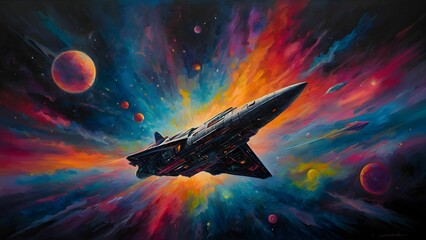 spaceship flying in the space - obrazy, fototapety, plakaty