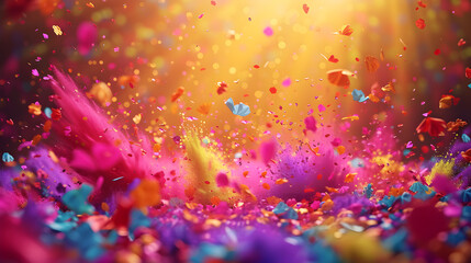 Falling multi colored Holi powder with shining sun behind it - Format 16:9