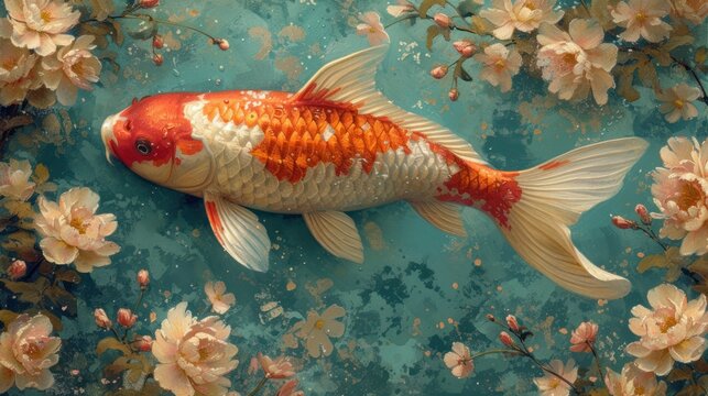 a painting of a gold fish in a pond of water surrounded by white and pink flowers on a blue background.