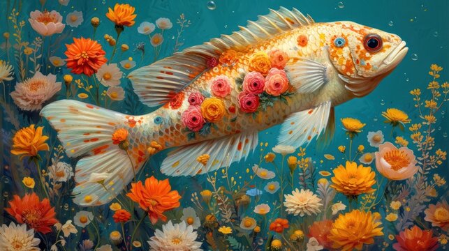 a painting of a goldfish with flowers on it's side and a fish in the middle of the picture.
