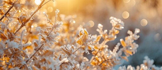 A mesmerizing macro photo showcasing a plant covered in snowy frost, creating an enchanting winter landscape.