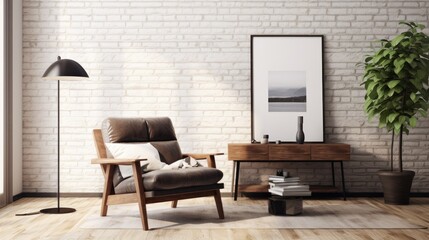 Fototapeta premium Modern Scandinavian living room with armchair, poster frame, commode, wooden stool, lamp, decoration, loft wall, and personal accessories.