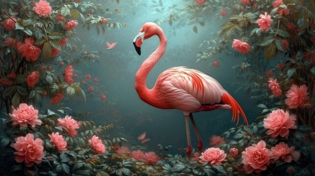 a painting of a pink flamingo standing in a garden of flowers with a butterfly in it's beak.