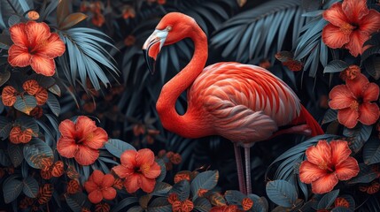 a pink flamingo standing in the middle of a forest of tropical leaves and flowers with red flowers in the foreground.