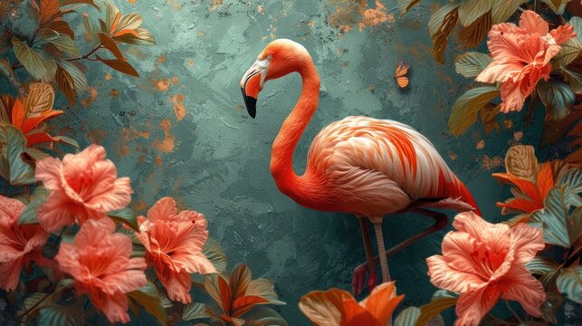 a painting of a pink flamingo standing in a garden of pink flowers with green leaves and a blue background.