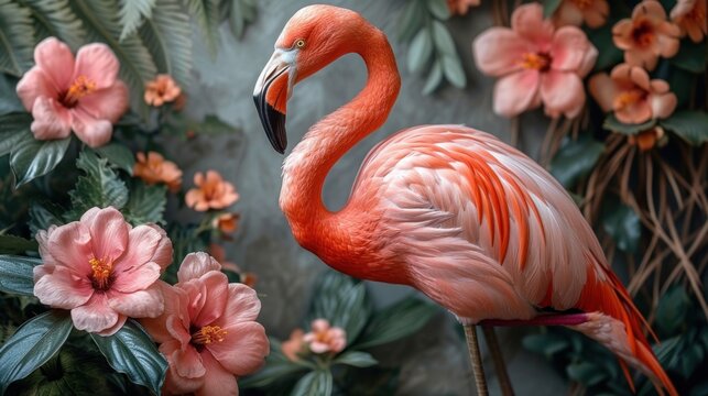 a pink flamingo standing in front of a bunch of pink flowers and greenery with pink flowers in the background.