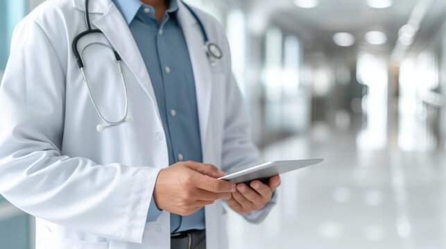 Male doctor using tablet to interact with infographic on virtual screen in hospital with copy space