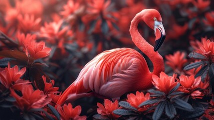 a pink flamingo standing in the middle of a field of red flowers with its head turned to the side.