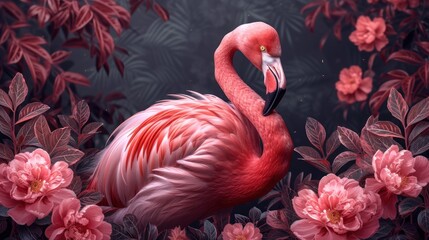 a pink flamingo standing in the middle of a field of pink flowers with leaves and flowers in the background.