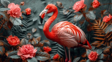 a pink flamingo standing in the middle of a lush green field with red and white flowers and green leaves.