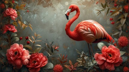 a painting of a pink flamingo surrounded by red and white flowers and greenery with red and white peonies.