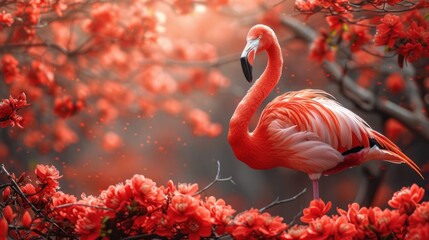 a pink flamingo standing on a tree branch with red flowers in the foreground and a blurry background.