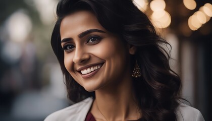 Candid portrait of a young woman smiling against a plain dark background. The young Indian lady