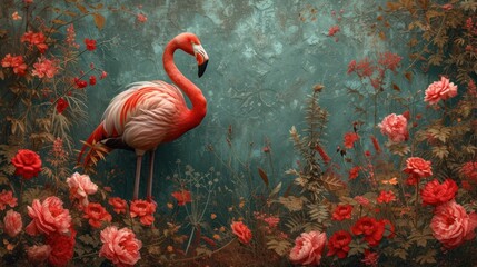 a painting of a pink flamingo standing in a garden of red and pink flowers, with a green background.