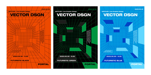 Template futuristic graphic design poster 3 color set digital tech science background modern abstract geometric website vertical 3D printing flyer backdrop line pattern portal cyber layout editorial  © KKK
