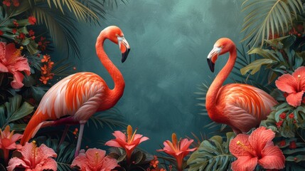 a couple of pink flamingos standing next to each other on a lush green field with flowers and palm leaves.