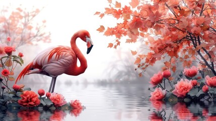 a painting of a pink flamingo standing in front of a body of water with red flowers and trees in the background.