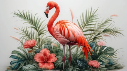 a painting of a pink flamingo surrounded by tropical plants and flowers on a white background with pink flowers and green leaves.