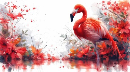a watercolor painting of a pink flamingo standing in front of a body of water surrounded by red flowers.
