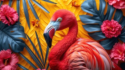 a red flamingo standing in front of a yellow background with pink and blue flowers and palm fronds.