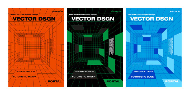 Template futuristic graphic design poster 3 color set digital tech science background modern abstract geometric website vertical 3D printing flyer backdrop line pattern portal cyber layout editorial

