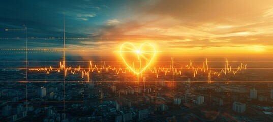 Digital drawing of heartbeat chart with heart symbol on clinic blurred background
