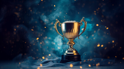 Fototapeta na wymiar Golden trophy on a blue fabric background with ribbons, position at conner with copy space, blue smoke, dark tone