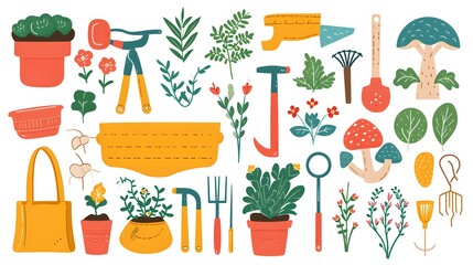 gardening clip art set, tools, plants, and outdoor elements