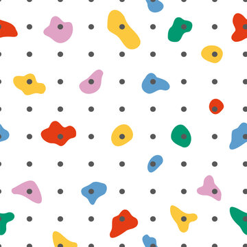 Rock climbing wall seamless pattern. Vector holds for rock climbing on a grey wall in the gym, sport repeat background.