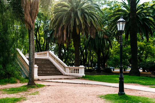 Stairs of the bridge over the lake in Parque Independencia. Independence Park, Rosario city, Santa Fe, Argentina