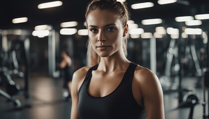 Confident young woman wearing a sport tank top standing alone in a gym after a workout session