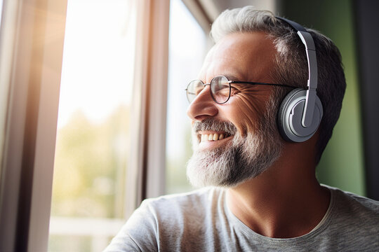 Photo image of a cheerful happy senior person pensioner feeling young listening upbeat music created with generative AI