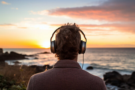 Generative ai rear view photo picture of happy young person looking sea and listening to music outdoors