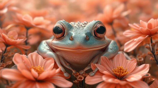 a close up of a frog in a field of flowers with water droplets on it's face and eyes.