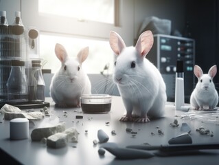 white rabbits is sitting on a table in the laboratory. World Day for Laboratory Animals. Animal rights. - obrazy, fototapety, plakaty
