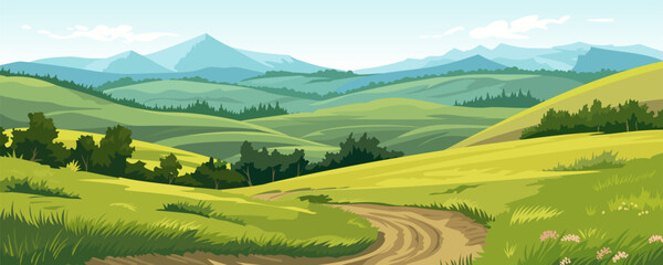 Beautiful summer landscape of a valley with a dirt road through amazing green meadows with trees, fields and hills against a backdrop of stunning mountains and blue skies.