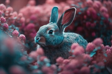 Small rabbit in middle of pink flowers