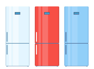 Fridge. Set of closed empty refrigerator. Blue, red, white fridge for food storage. Vector Illustration.