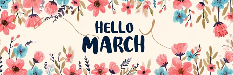 HELLO MARCH calligraphic lettering for greeting card Generative AI - obrazy, fototapety, plakaty