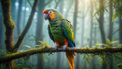 Parrots bird perched on a branch in forest. Generative AI