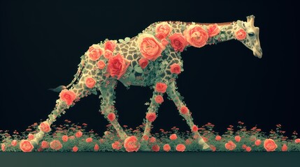 a giraffe is walking through a field of flowers with red roses on it's neck and neck.