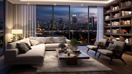 Modern apartment living room interior with city view