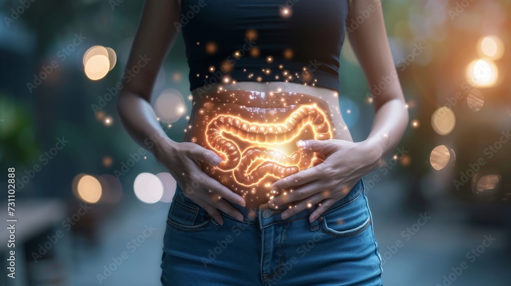 Poster digital x ray of human stomach holographic scan projection 3d rendering with copy space