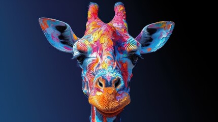 a close up of a giraffe's face with colorful paint on it's face and neck.