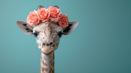 a close up of a giraffe with a flower crown on it's head and a blue background.