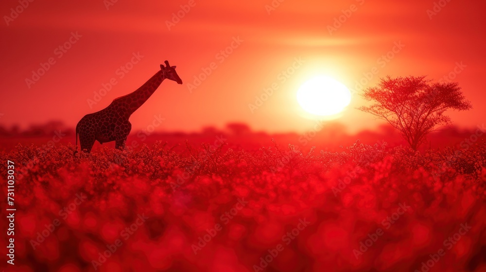 Poster a giraffe standing in the middle of a field with the sun in the background and a tree in the foregro