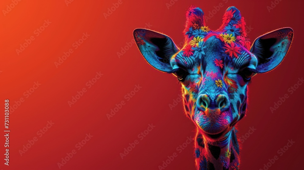 Poster a close up of a giraffe's face on a red background with a blue and yellow pattern.