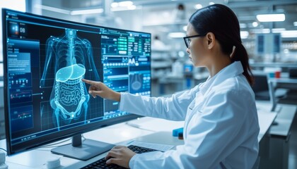 Digital x ray of woman s stomach holographic scan projection on blurred background with copy space