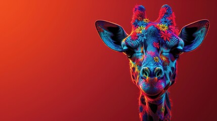 a close up of a giraffe's face on a red background with a blue and yellow pattern.